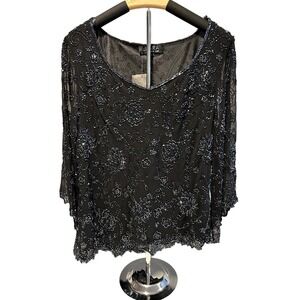 JKara XL Black Silk Blouse Beaded V-Neck Sheer Sleeves Floral Formal